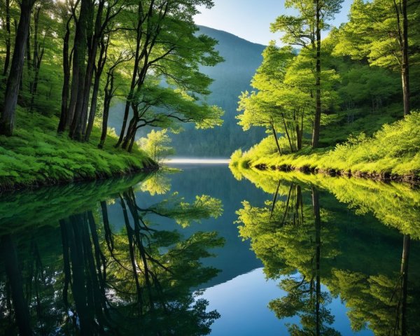 Serene Landscape with Calm Water and Lush Greenery