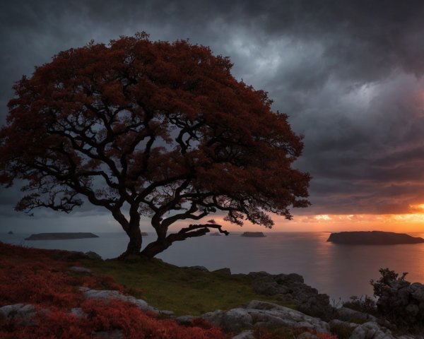 Silhouette of a Tree at Sunset with Autumn Foliage