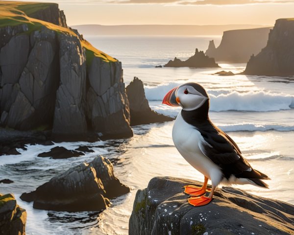 Colorful Puffin on Rocky Ledge at Sunset Coastline
