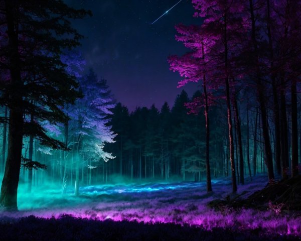 Mystical Forest Scene with Blue and Purple Tones