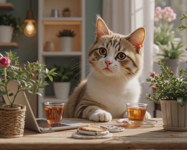 Cozy Indoor Scene with Cat, Tea, and Cookies