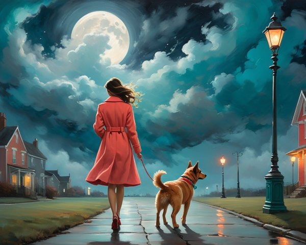 Moonlit Stroll with a Dog on a Charming Street