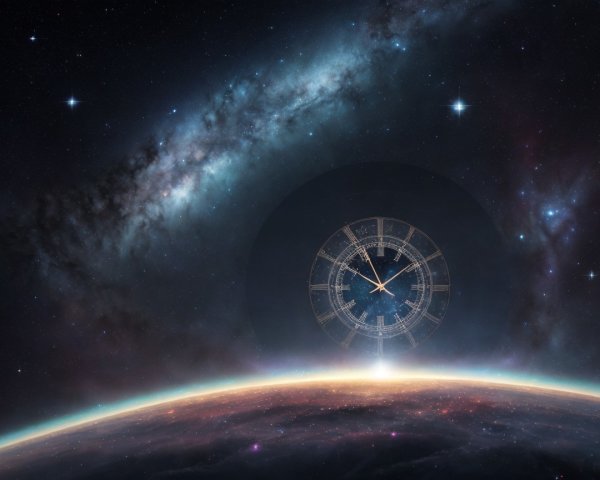 Vibrant Galaxy and Clock Face in Cosmic Scene