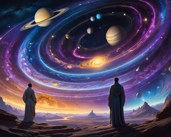 Figures in Robes Overlooking a Colorful Cosmos