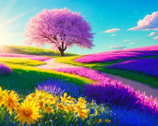 Vibrant Pink Tree in a Colorful Flower Landscape