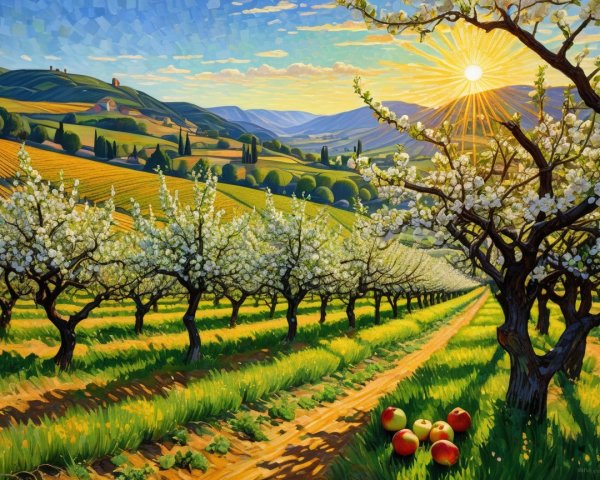 Vibrant Apple Orchard Landscape at Sunrise