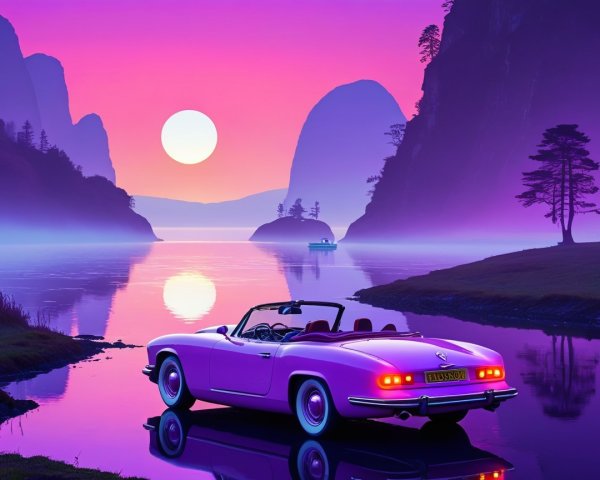 Vintage Pink Convertible by Serene Sunset Lake