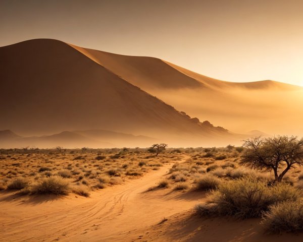 Desert Landscape with Sand Dunes and Sparse Vegetation