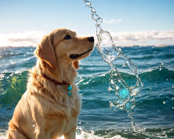 Golden Retriever by Sparkling Ocean with Waves