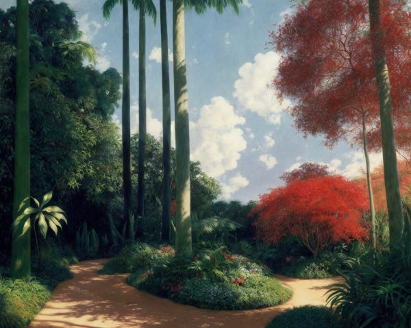 Serene Landscape with Palm Trees and Vibrant Shrubbery