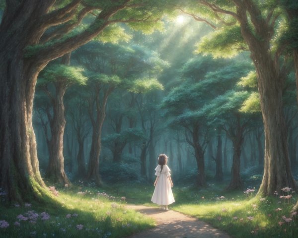 Serene Forest Scene with Young Girl in White Dress