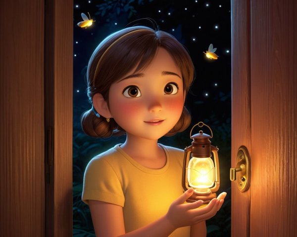 Young girl with lantern and fireflies in night scene