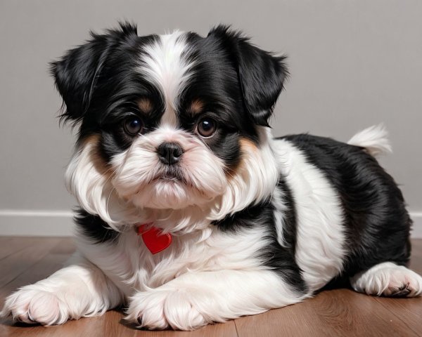 Cute Black and White Dog on Wooden Floor with Tag