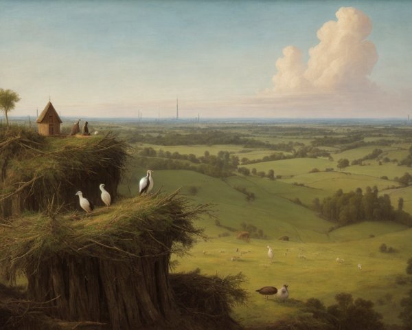 Serene Landscape with Storks and Distant Factories