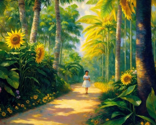 Young girl in white dress on sunlit dirt path