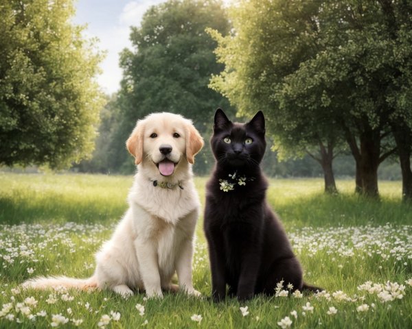 Golden Retriever Puppy and Black Cat in Meadow