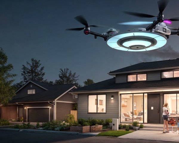Modern Suburban Home with Drone at Night