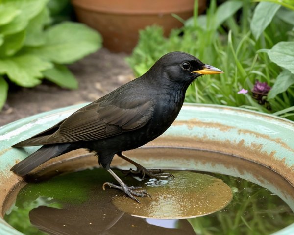 Black Bird by Water Dish in Lush Greenery Scene