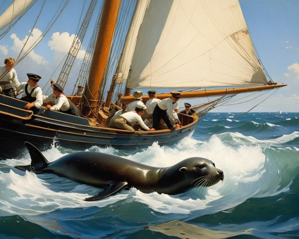 Sailing Ship with Crew and Sea Lion in Vibrant Waves