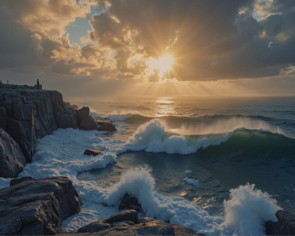 Coastal Landscape with Waves and Sunlit Sky