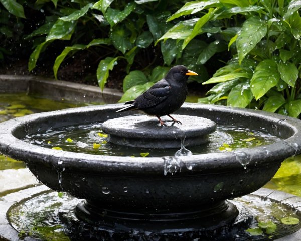 Black bird by stone fountain with reflecting water