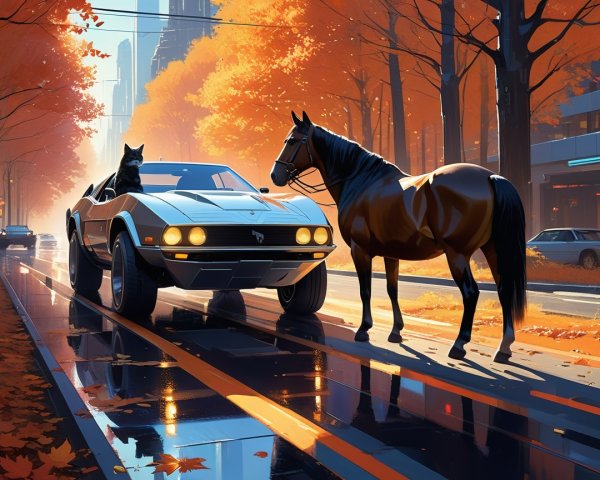 Autumn Street Scene with Vintage Car and Horse