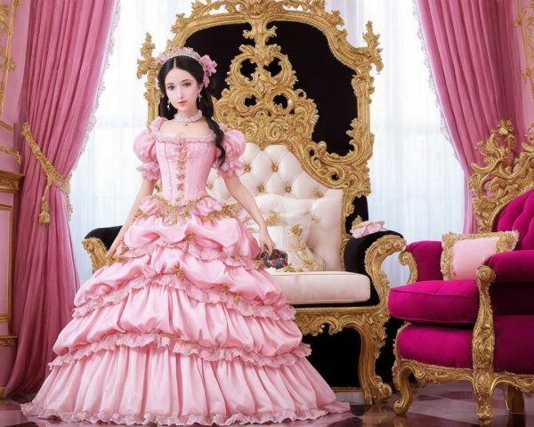 Young woman in pink gown in opulent baroque room