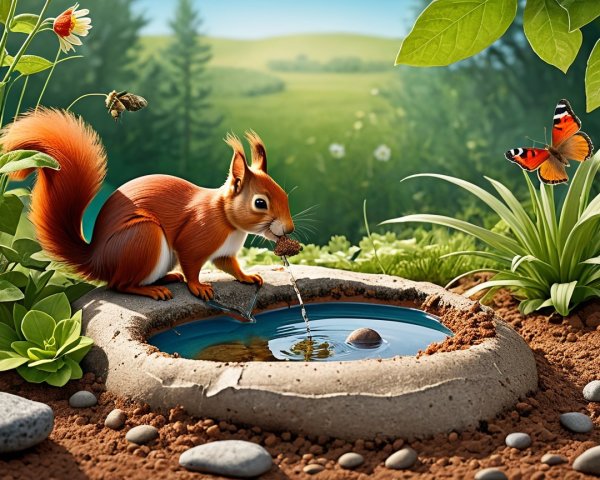 Red Squirrel Interacting with Pond in Sunlit Meadow