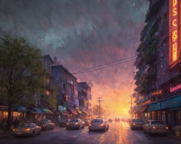 Vibrant City Street at Sunset with Shops and Cafes