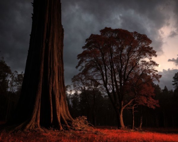 Majestic Trees Under Dramatic Sky and Golden Light