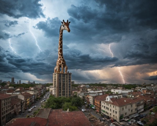Giraffe Surrounded by Cityscape and Stormy Sky