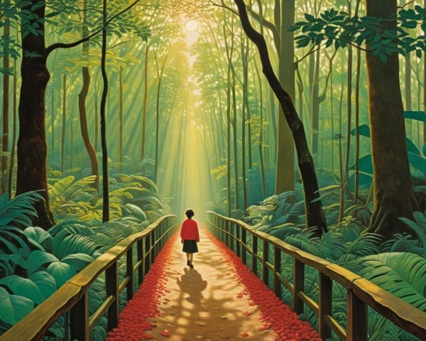 Child in red coat walking a forest pathway