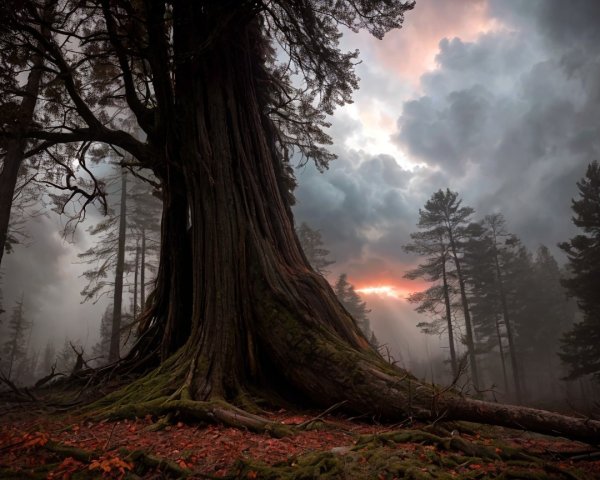 Ancient Tree in Misty Forest at Sunset