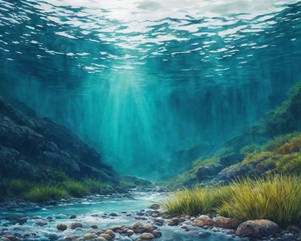 Serene Underwater Scene with Lush Greenery and Light