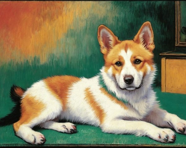 Corgi on Green Surface with Abstract Color Background