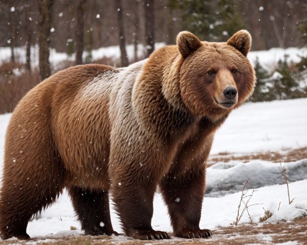 Brown Bear in Snowy Landscape with Falling Snowflakes