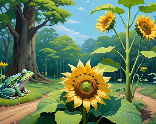 Vibrant Forest Scene with Frog and Sunflowers