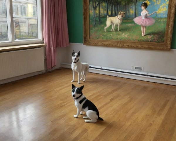 Dogs in a bright room with a large painting backdrop