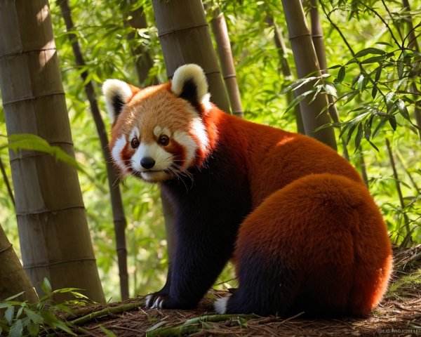 Red Panda Sitting in Bamboo Forest with Sunlight Highlights