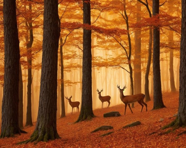 Autumn Forest Scene with Deer and Misty Ambiance