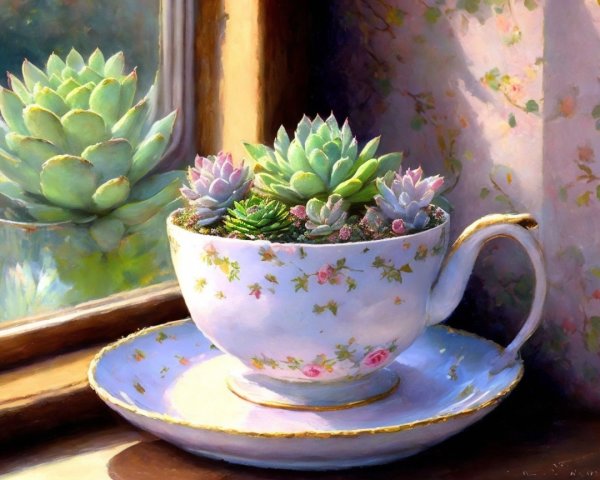 Porcelain Teacup with Succulents and Floral Patterns