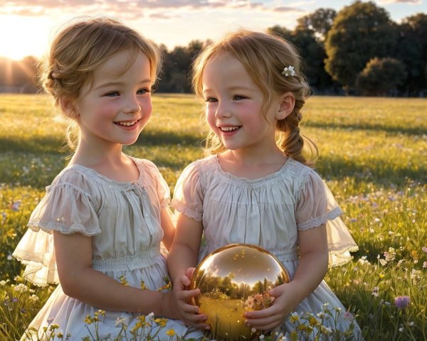Young Girls in Matching Outfits in Sunlit Meadow