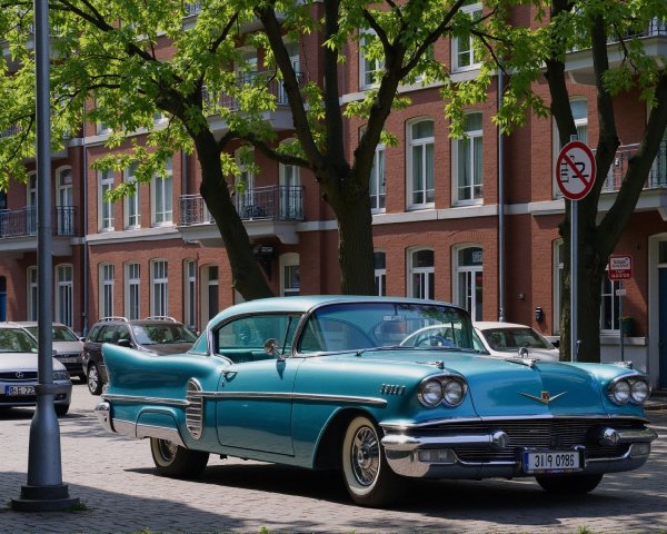 Vintage Turquoise Car on Tree-Lined Urban Street
