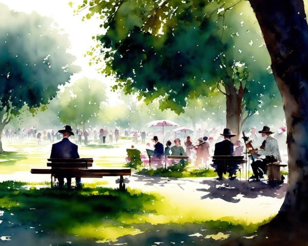 Watercolor Park Scene with People Enjoying Nature