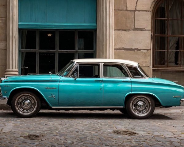 Vintage turquoise car against historic stone backdrop