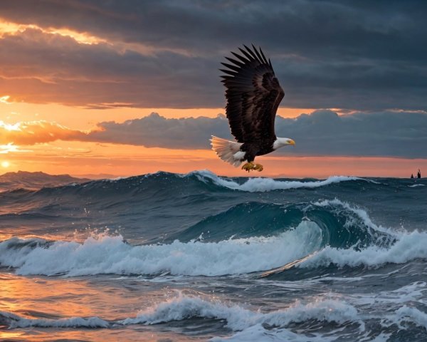 Bald Eagle Soaring Over Ocean at Sunset