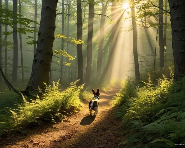 Serene Forest Path with Sunlight and Curious Dog