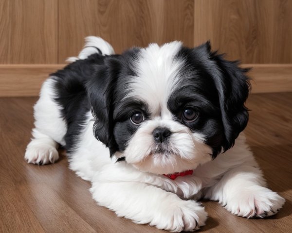 Fluffy Black and White Shih Tzu Puppy on Wooden Floor