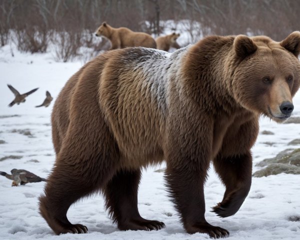 Brown bears in a snowy winter landscape with birds