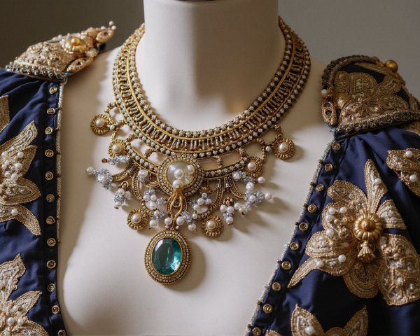 Gold Necklace with Pearls and Green Gemstone Detail